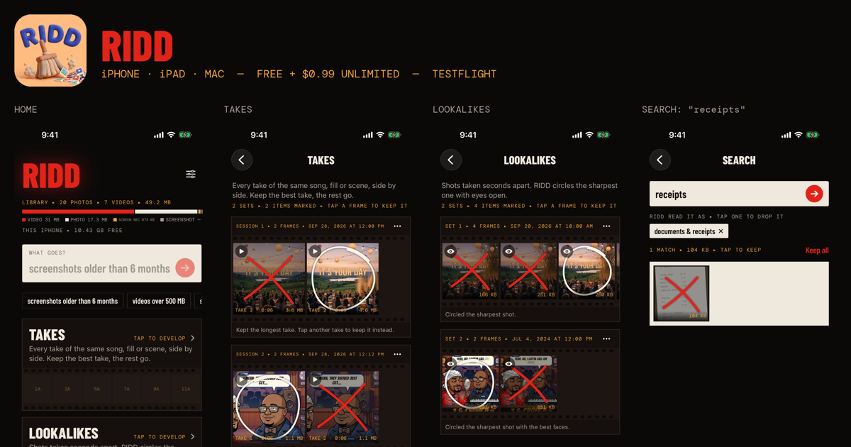 RIDD screens: home, takes, lookalikes and search